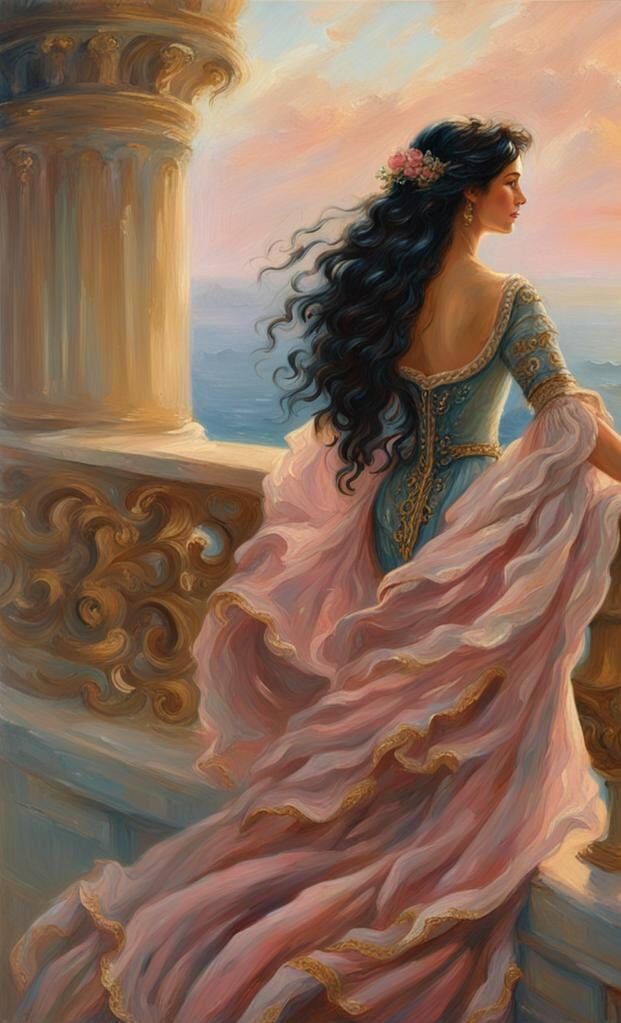 Greek Queen on Balcony at Sunrise: Oil Painting