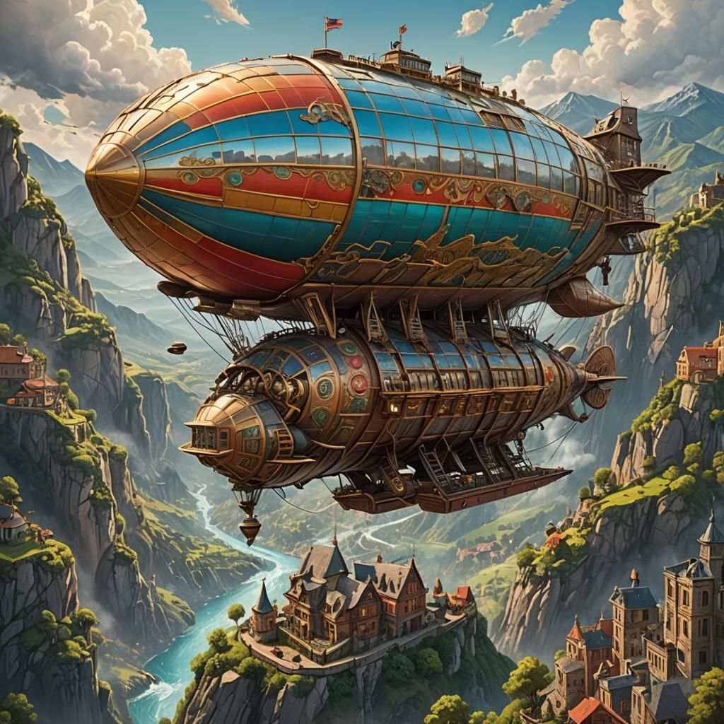 hyper realistic ornately decorated double deck airship flyin...