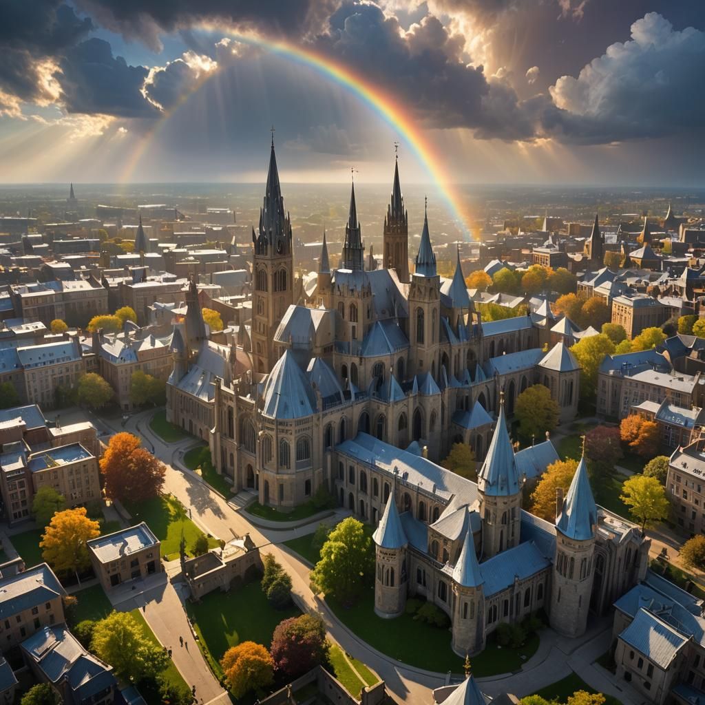 Dreamlike Campus Under Swirling Clouds in Futuristic Style