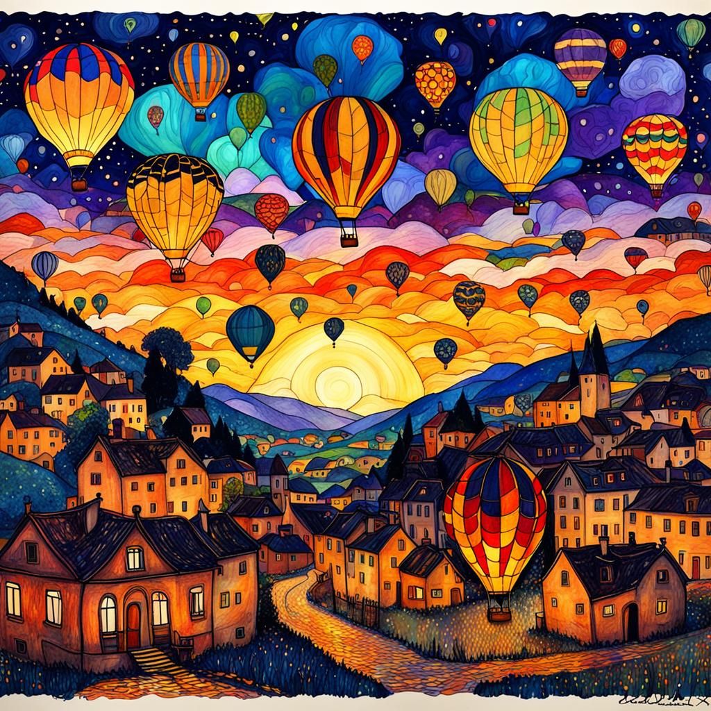 Hot Air balloons evening sky Gustav Klimt Doodle Addicts