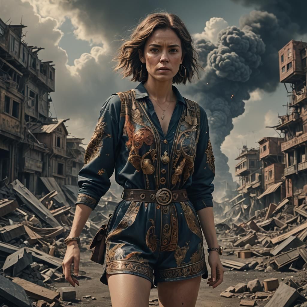 A woman arms akimbo, wearing a romper