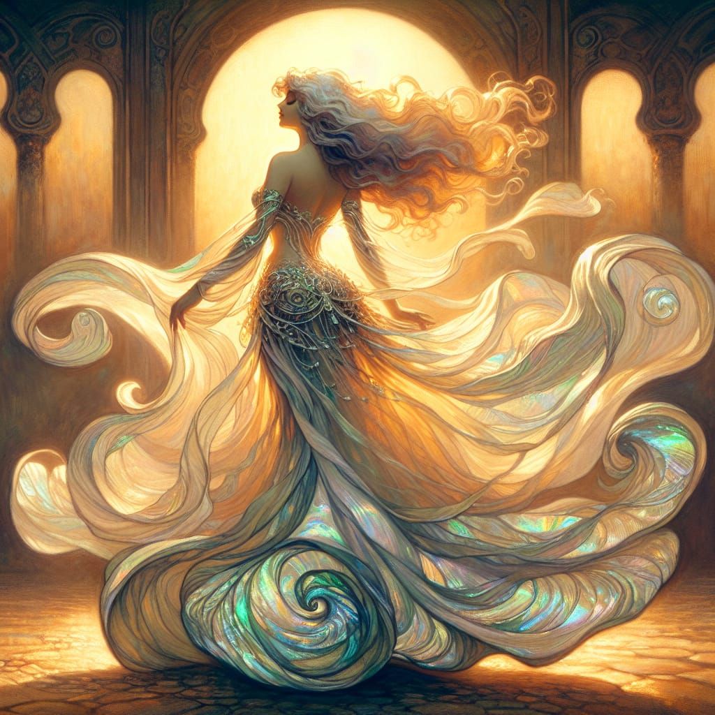 Sultry Belly Dancer in Art Nouveau-Inspired Oil Painting