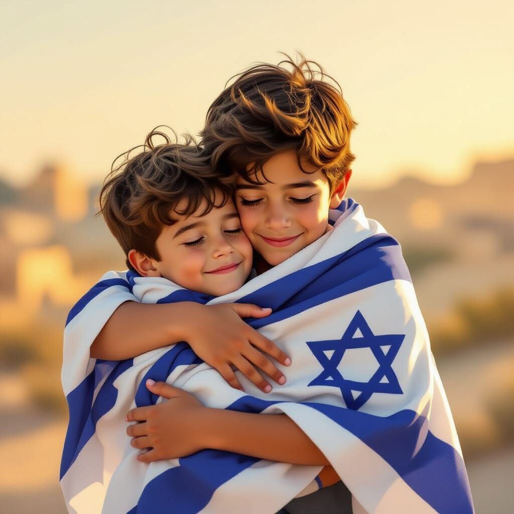 Joyful Hug with Israeli Flag in Golden Hour Light