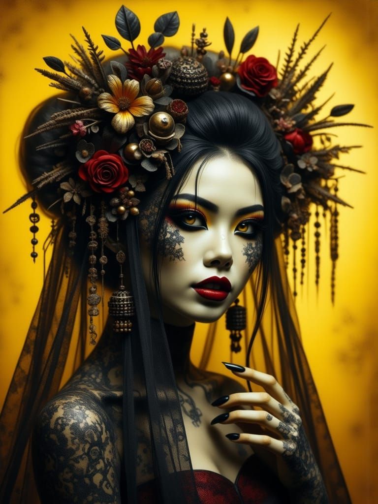 Monochrome Bride Portrait with Golden Eyes and Lace Veil