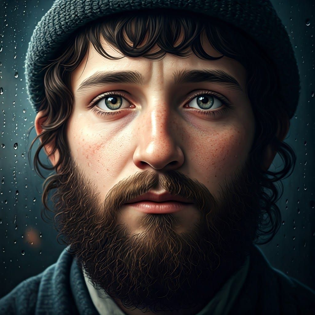 A Somber Young Hasidic Boy Contemplates Rainy Day Wonder