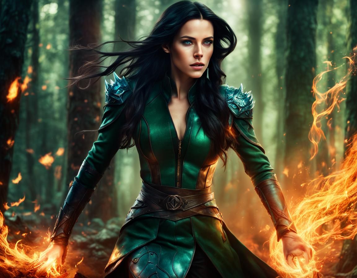 Elven Mage Casting Fire Spell in a Forest
