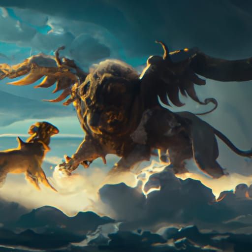 Cerberus fighting zeus in the clouds detailed matte painting...