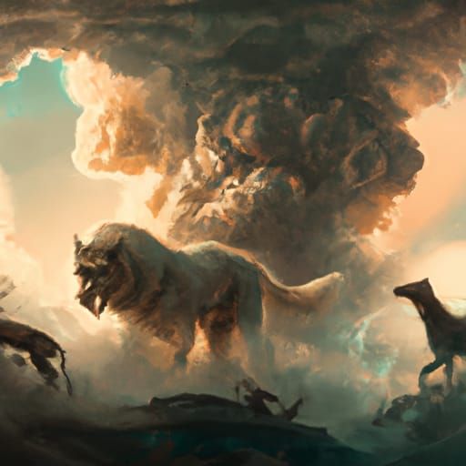 Cerberus fighting zeus in the clouds detailed matte painting...