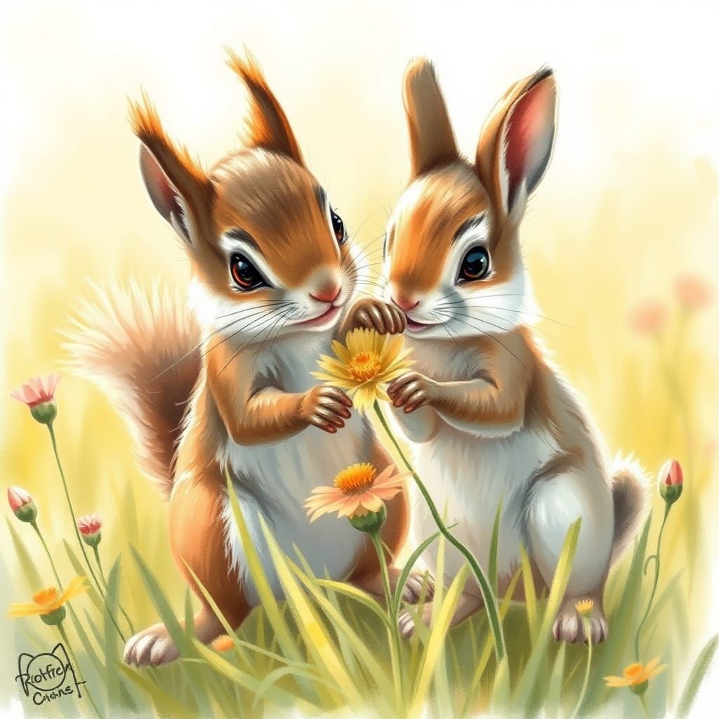 Squirrel and Rabbit Play in Sunny Meadow