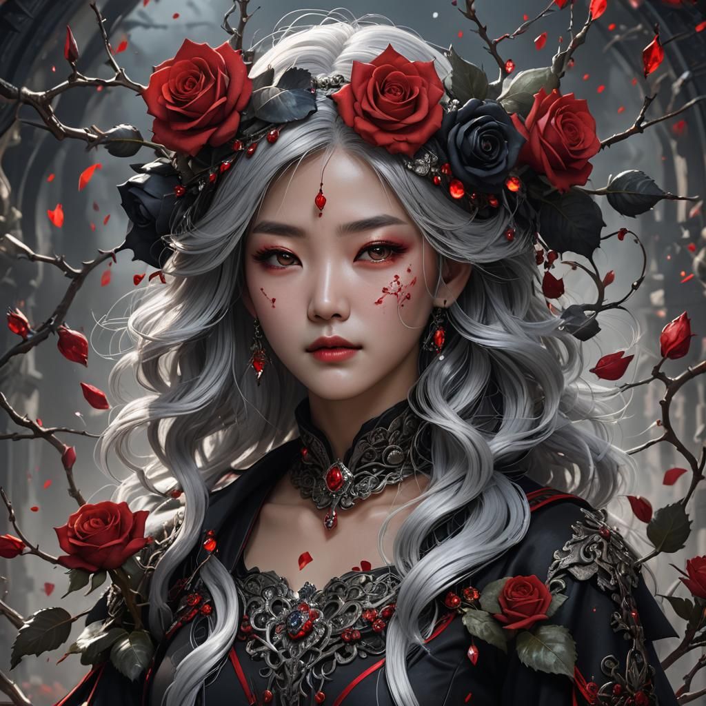 Korean Lady Silver Hair Black Roses Red Crystals Ai Generated Artwork Nightcafe Creator 