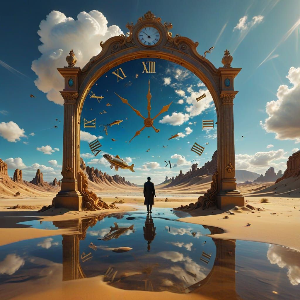 A floating clock melting into a desert, where giant fish swim through the sky like clouds. A lone figure ...  by @Sigas
