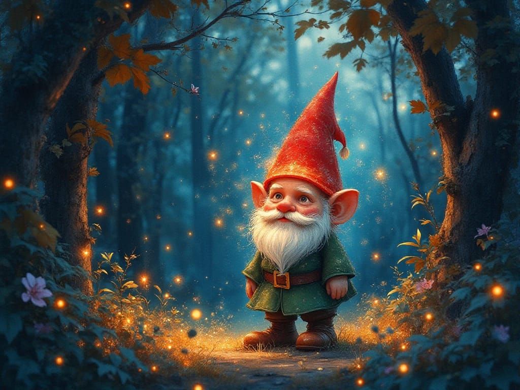 A cute gnome in an enchanted forest
