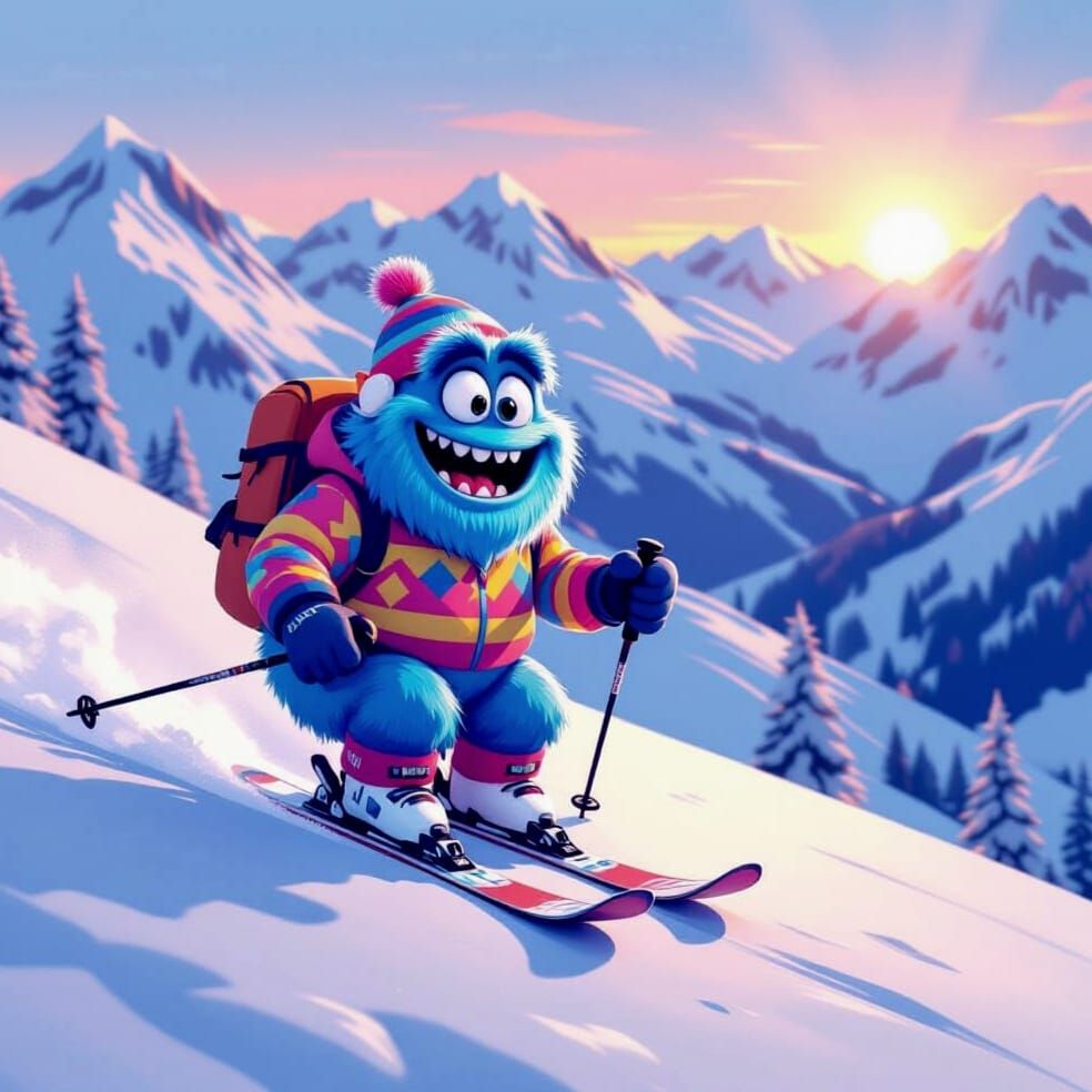 Animated cartoon of a happy blue colored monster going down hill on ski's during a winter sports vacation, no. 2
