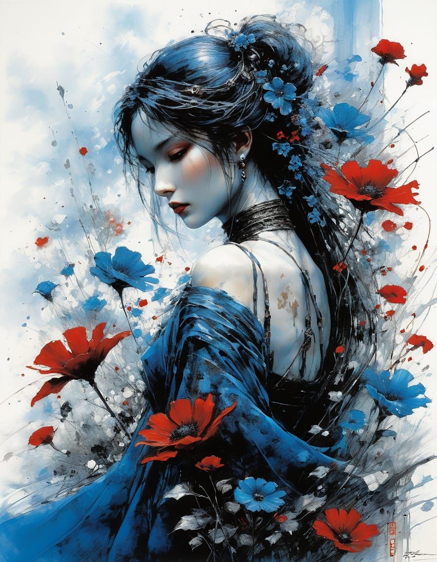 Flowers in Blue and Red and Black  by @Queen_Asha