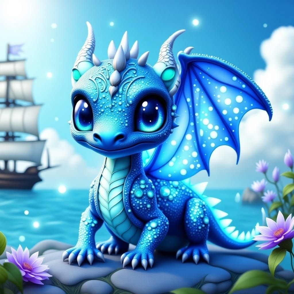 <lora:Flux Sparkly Dragon:1.0> Bejeweled blue topaz baby dragon, big expressive eyes, intricate gemstone iridescent sparkling scales, symmet...