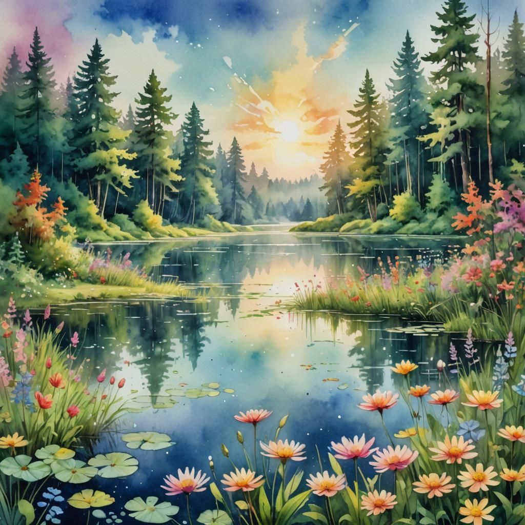 Morning sky over a tranquil lake in a forest glade, watercol...