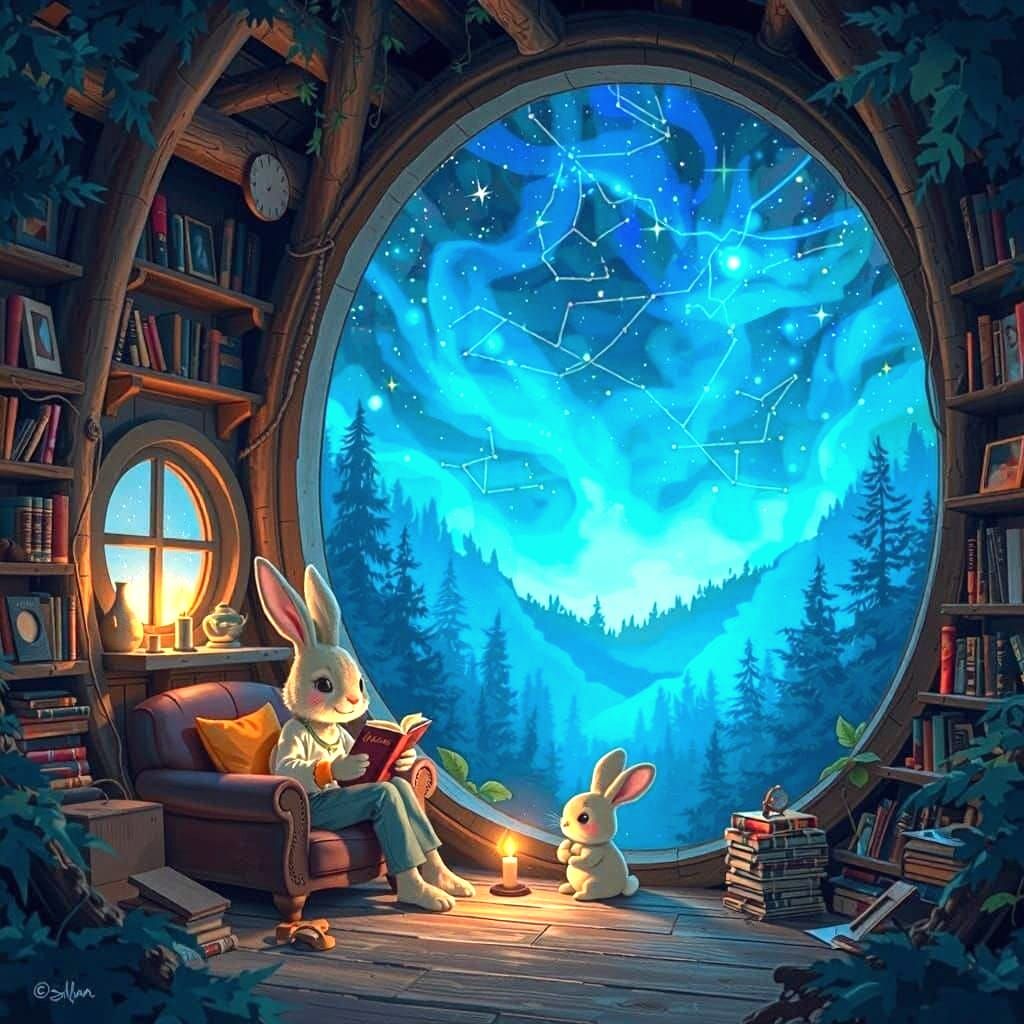 (Starry Sky) Maximalist 3D animated masterpiece. A cozy, book-filled interior of a treehouse, with a ...  by @Kitcalyx