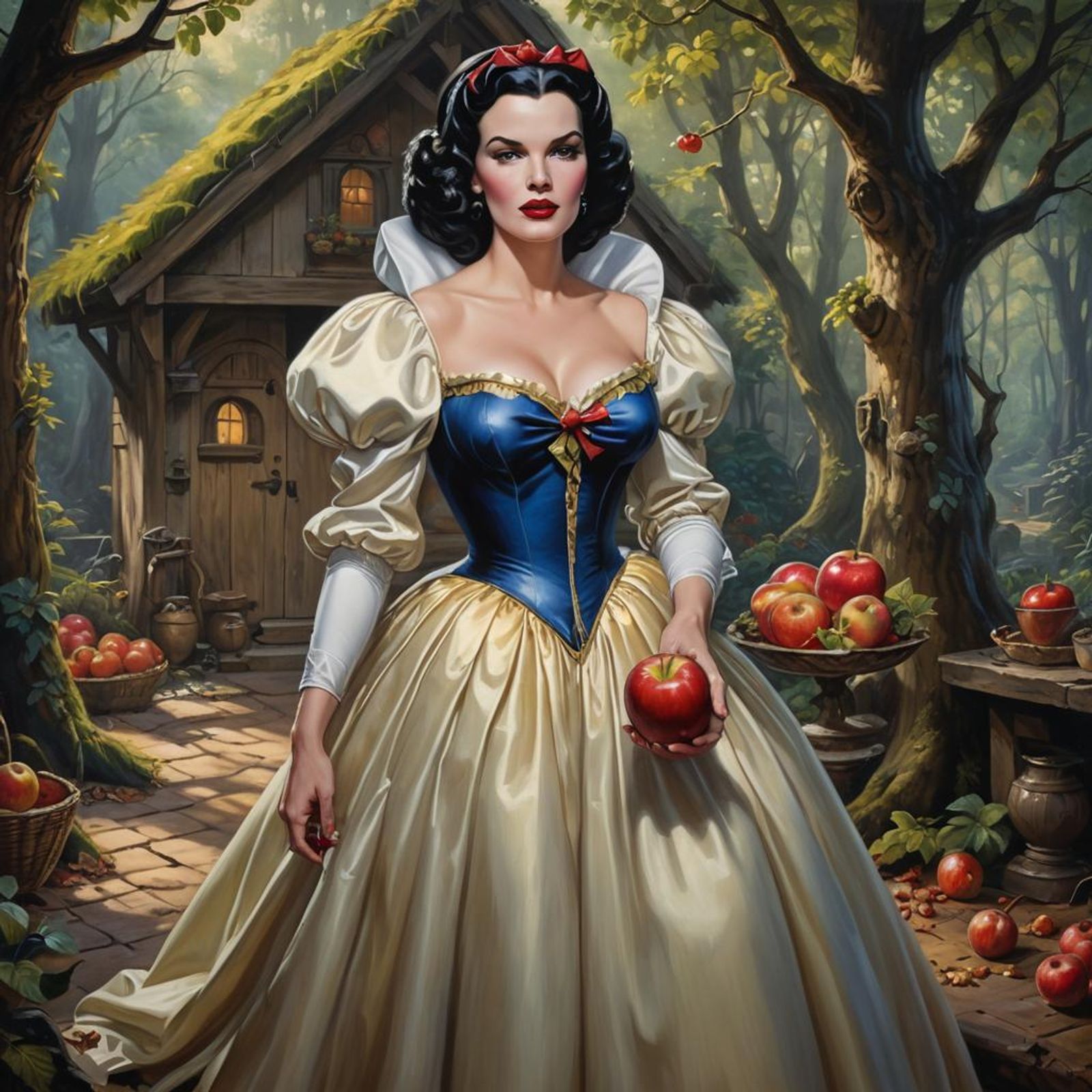 Jane Russell as Snow White hold an apple in a cottage in the woods in a ...