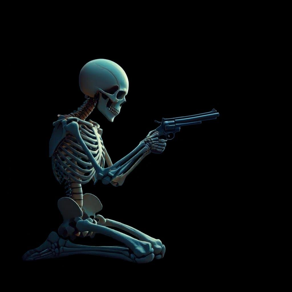 Full body skeleton kneeling down shooting itself in the head with a gun and but with flowers emerging from the wound from the back of the he...