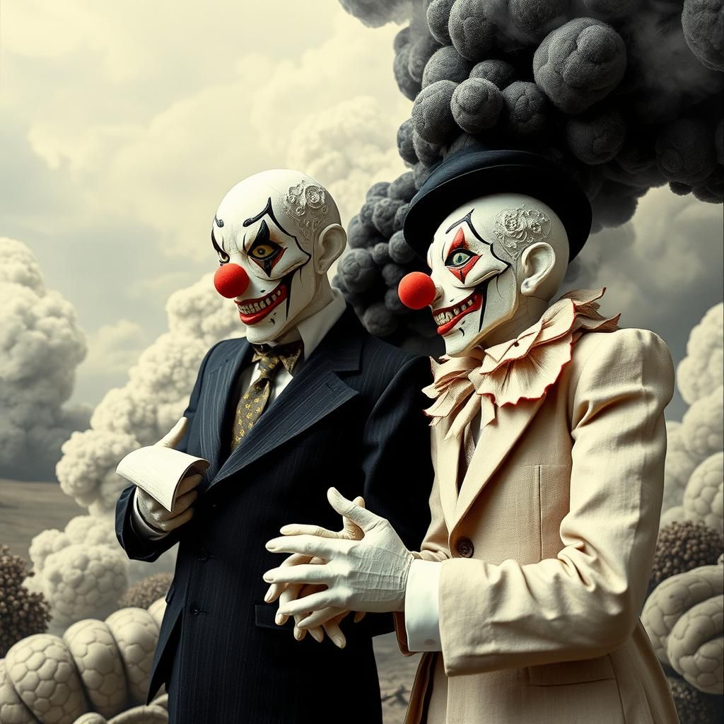 Surreal Paper Clowns Debate Amidst Megastorm