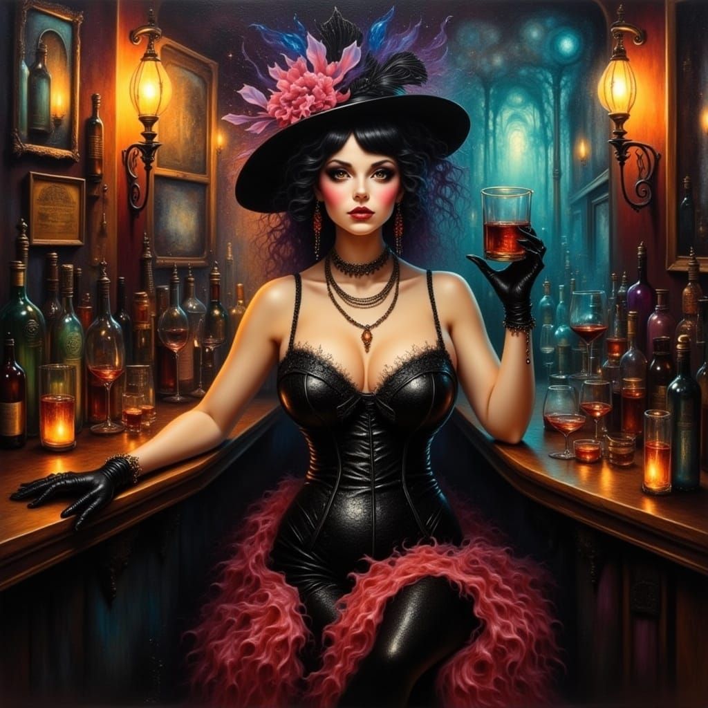 1920s fat flapper woman in a speakeasy <lora:Creepy Cool Flux:1.0> Alcohol_ink, Oil paint, deep saturation, high contrast, fantasy, magical,...