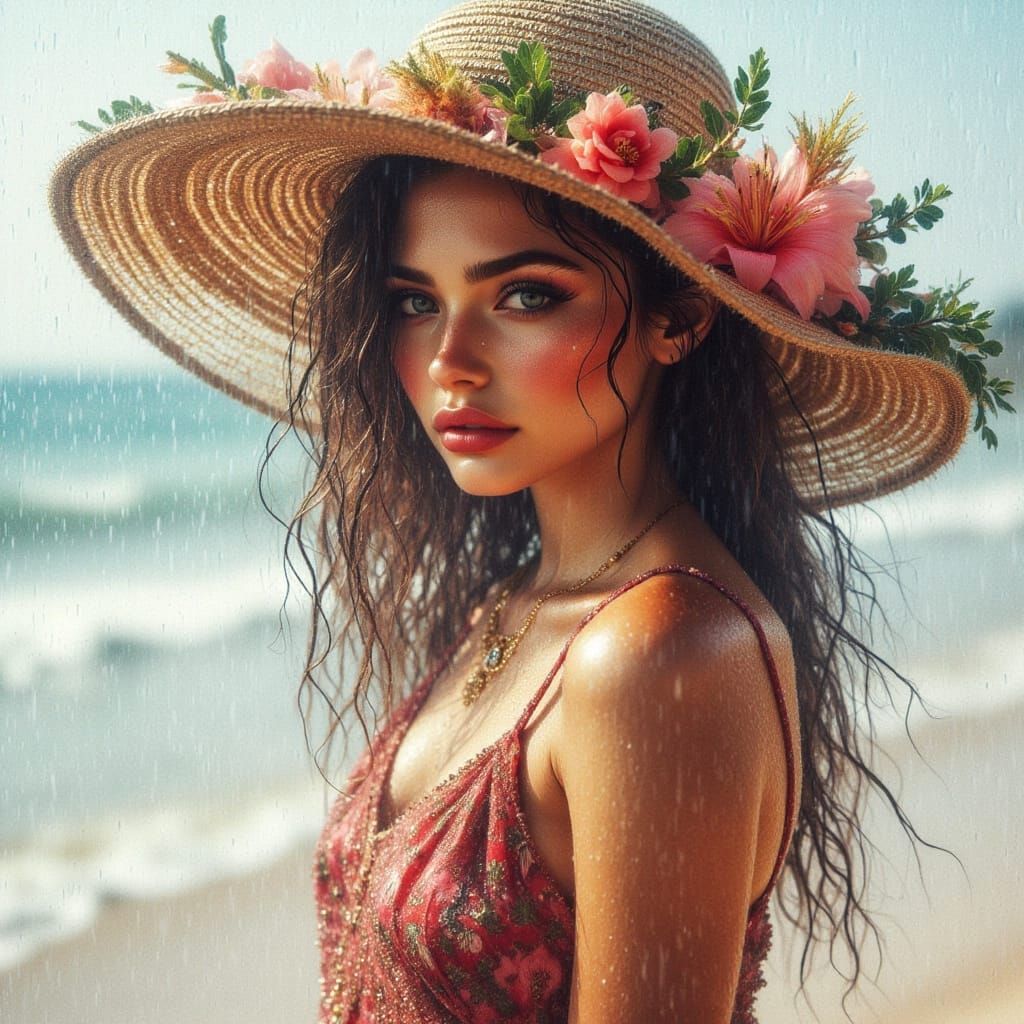 <lora:HRH-Rain-Woven:1.0> A hyper detailed curvy wild tropical beauty at the beach, grunge ink and watercolour , high definition