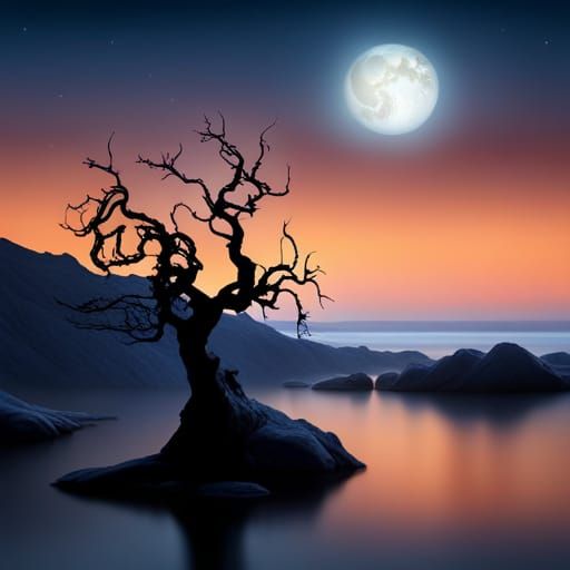 A orange sky, Beautyful full moon, dead tree on the rocks, h...