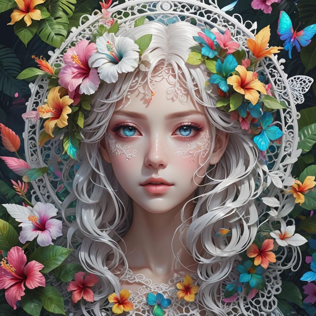 White Filigree lace hibiscus portal iridescent rainbow jungl...