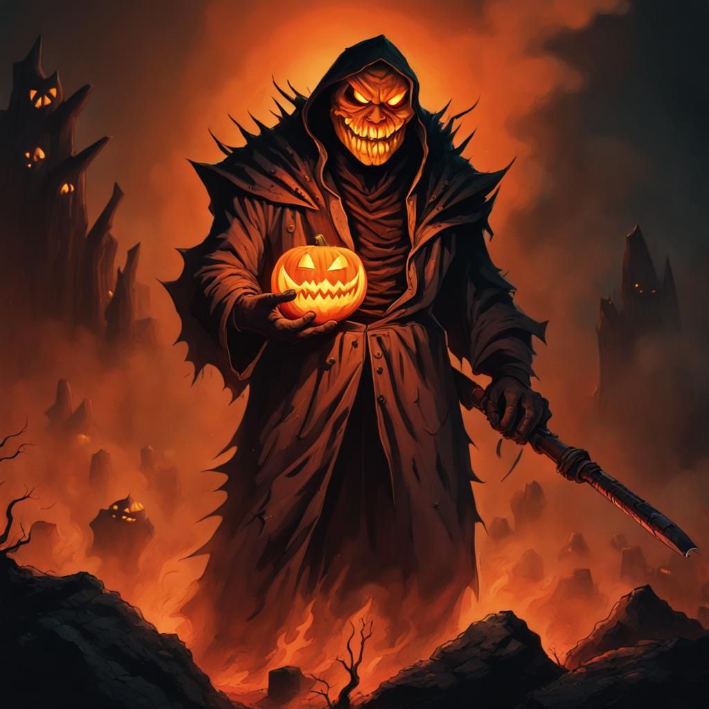 Terrifying Jack-o'-Lantern and Lone Warrior Facing Demon Arm...