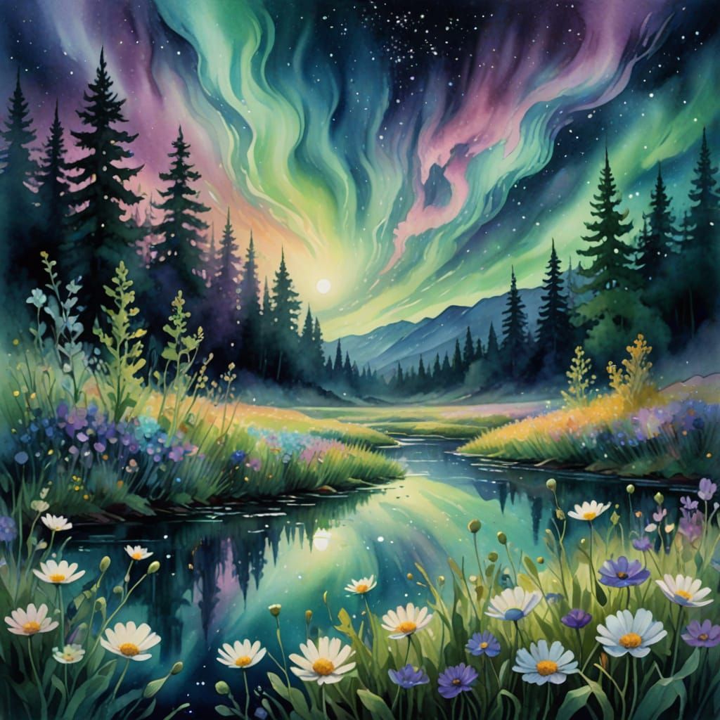 Watercolor painting. Medium shot. An enchanted flower meadow under a swirling aurora borealis. The flowers ...  by @Fungidelight