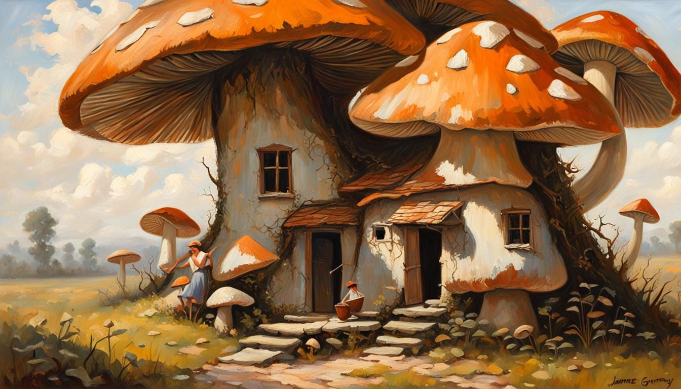 woman painting a mushroom house