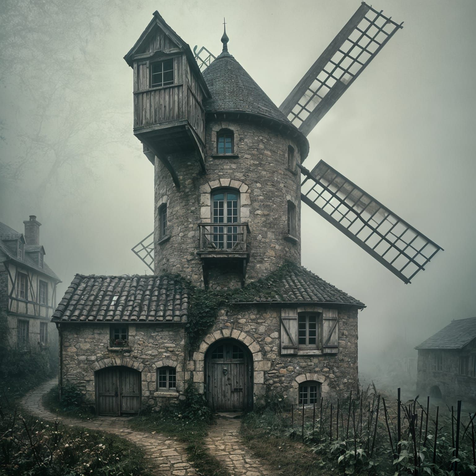windmill in a misty