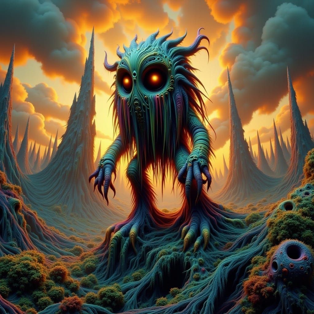 <lora:-Kaleidofuzz-:1.0> a chibi yautja predator in an apocalyptic landscape