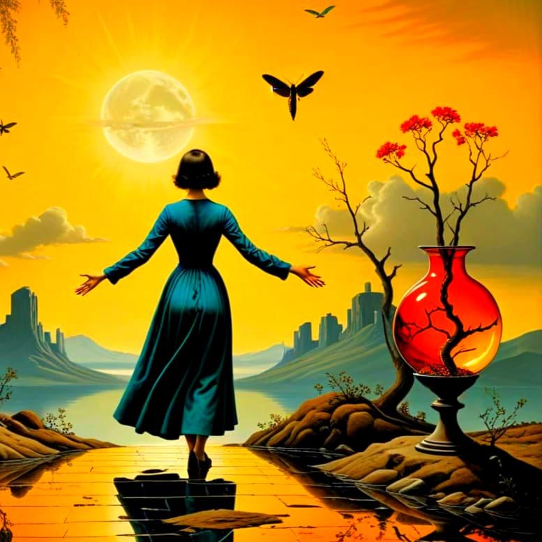 Vibrant Surrealistic Fantasy Scene with Unusual Items