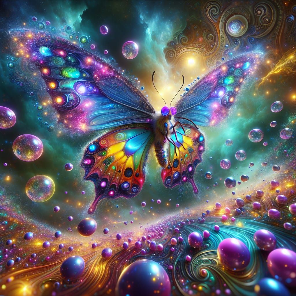 Dreamy Insanely detailed photograph of an elaborate cute butterfly, tons of bright multicolored bubbles,  intricate deta...