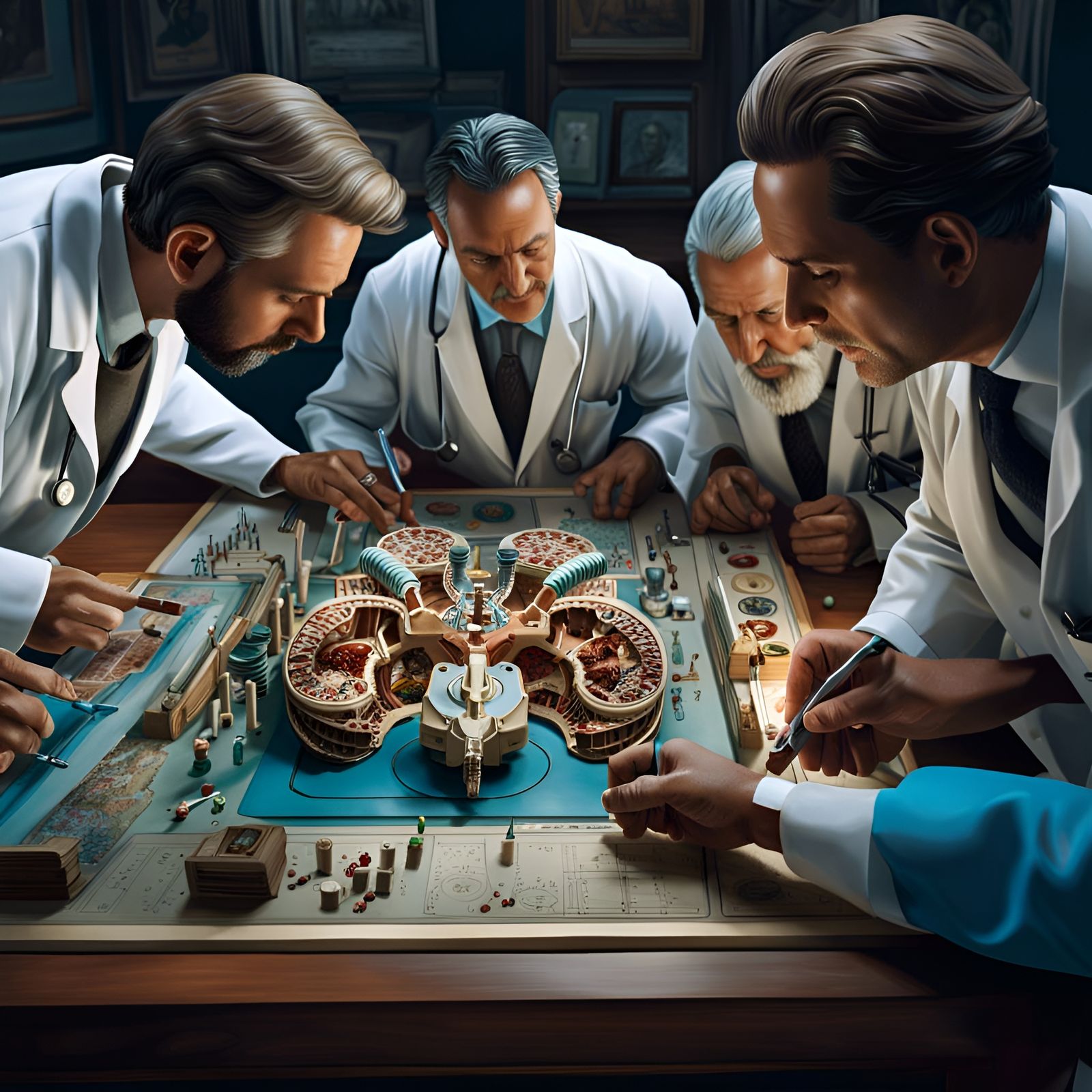 Team of doctors trying to beat the game Operation
