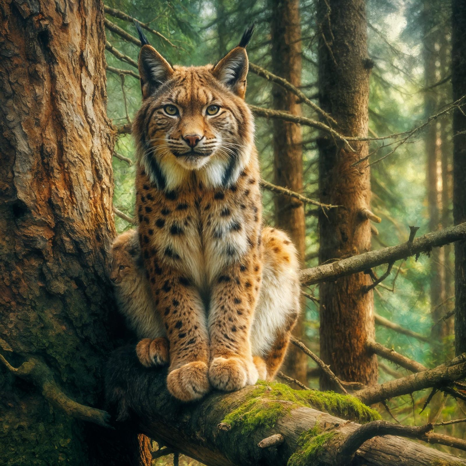 A lynx sits on a tree in the forest