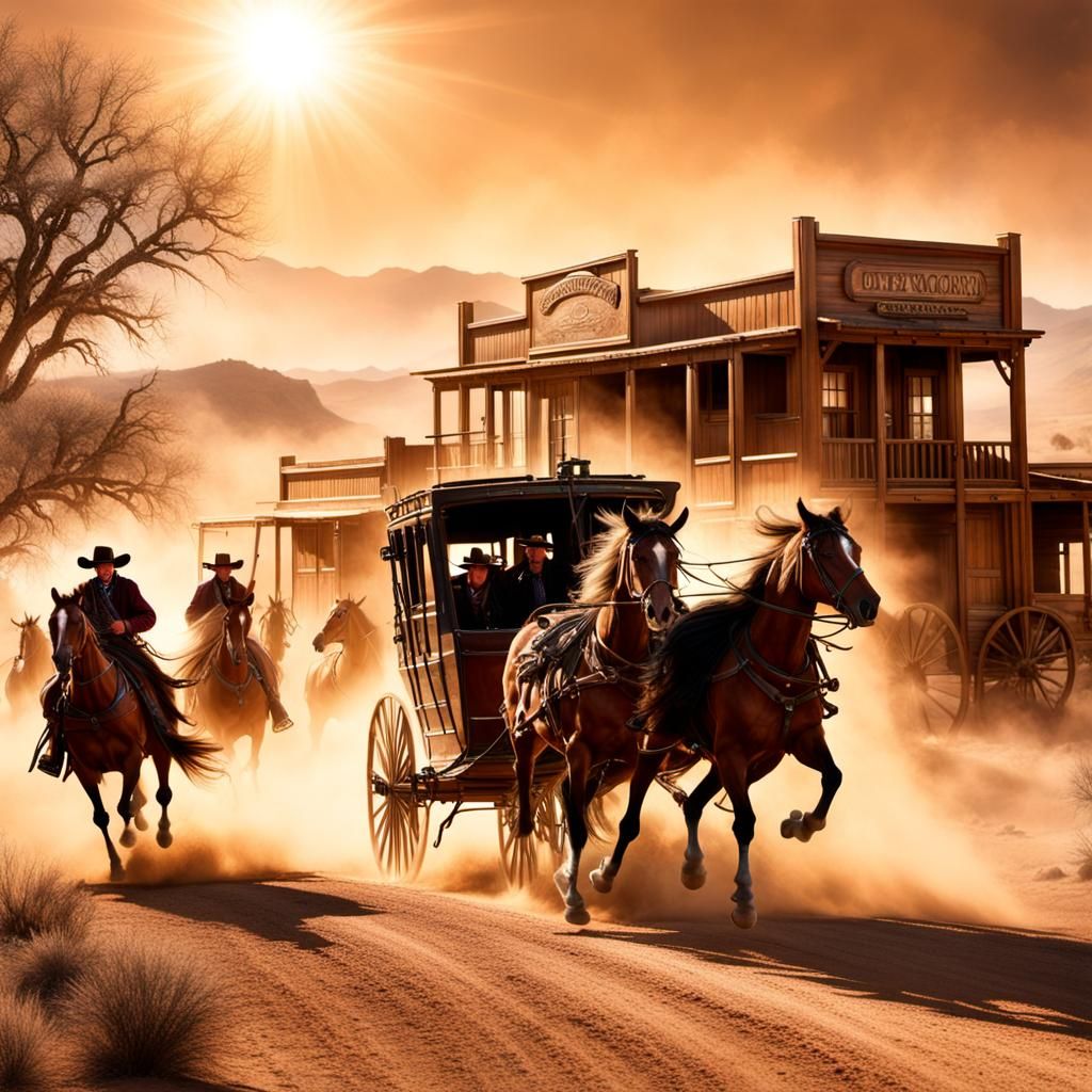Gun-slinging cowboy outlaws are holding up a stagecoach amid...