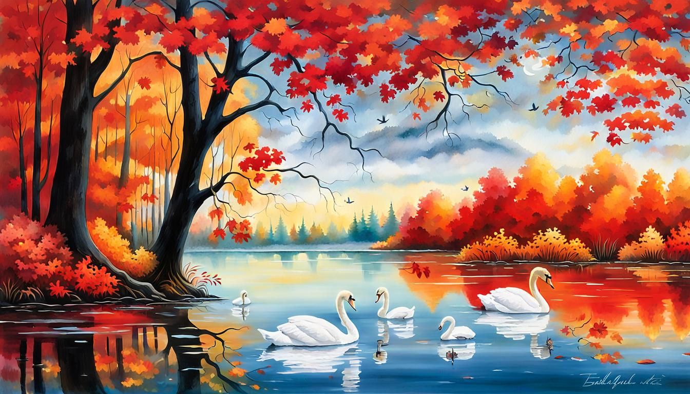 golden-red autumn, lake and swans 