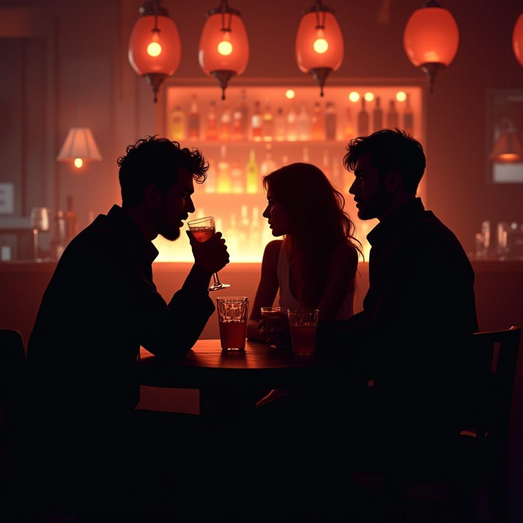 "a man and a woman  and another man silhouetted in a lively bar, engaged in very flirtatious conversation over drinks. The figures are unrec...