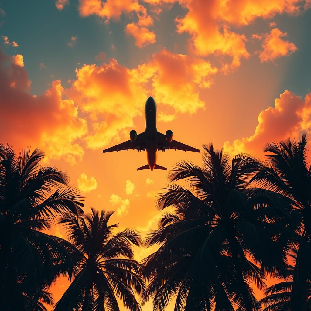 Airplane Silhouette Against Vibrant Sunset