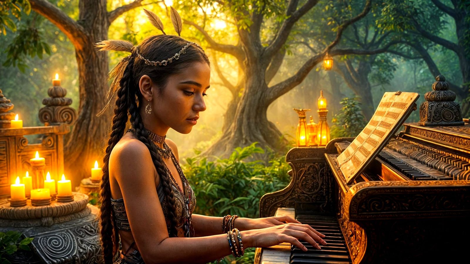 A young woman with a tribal bohemian look — braided hair with feathers, shiny glitter eye makeup, and ...  by @Carlos