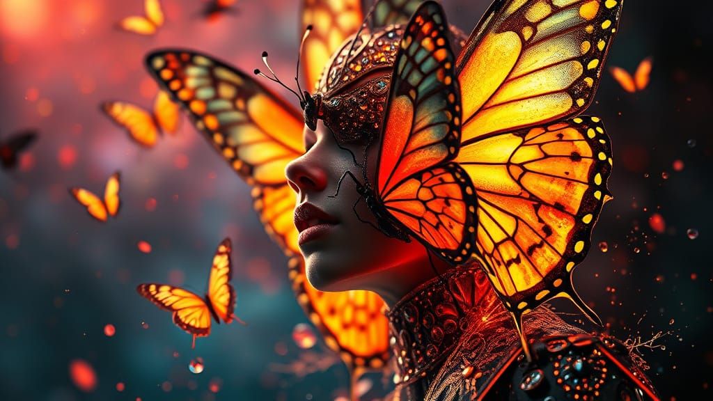 Metal Butterflies in Dramatic Scene: Hyperrealistic Portrait...