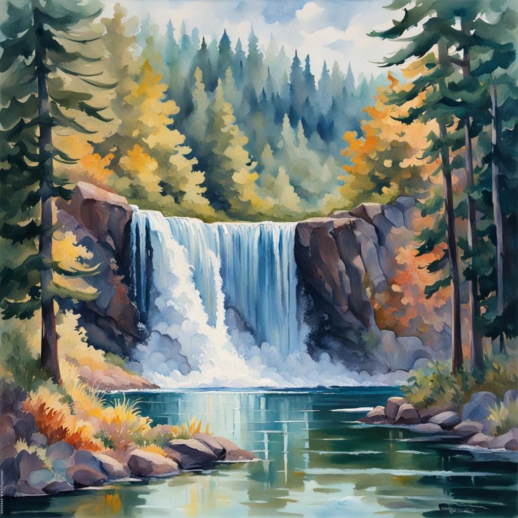 A waterfall spills into a lake in Gouache Style, Watercolor, Museum