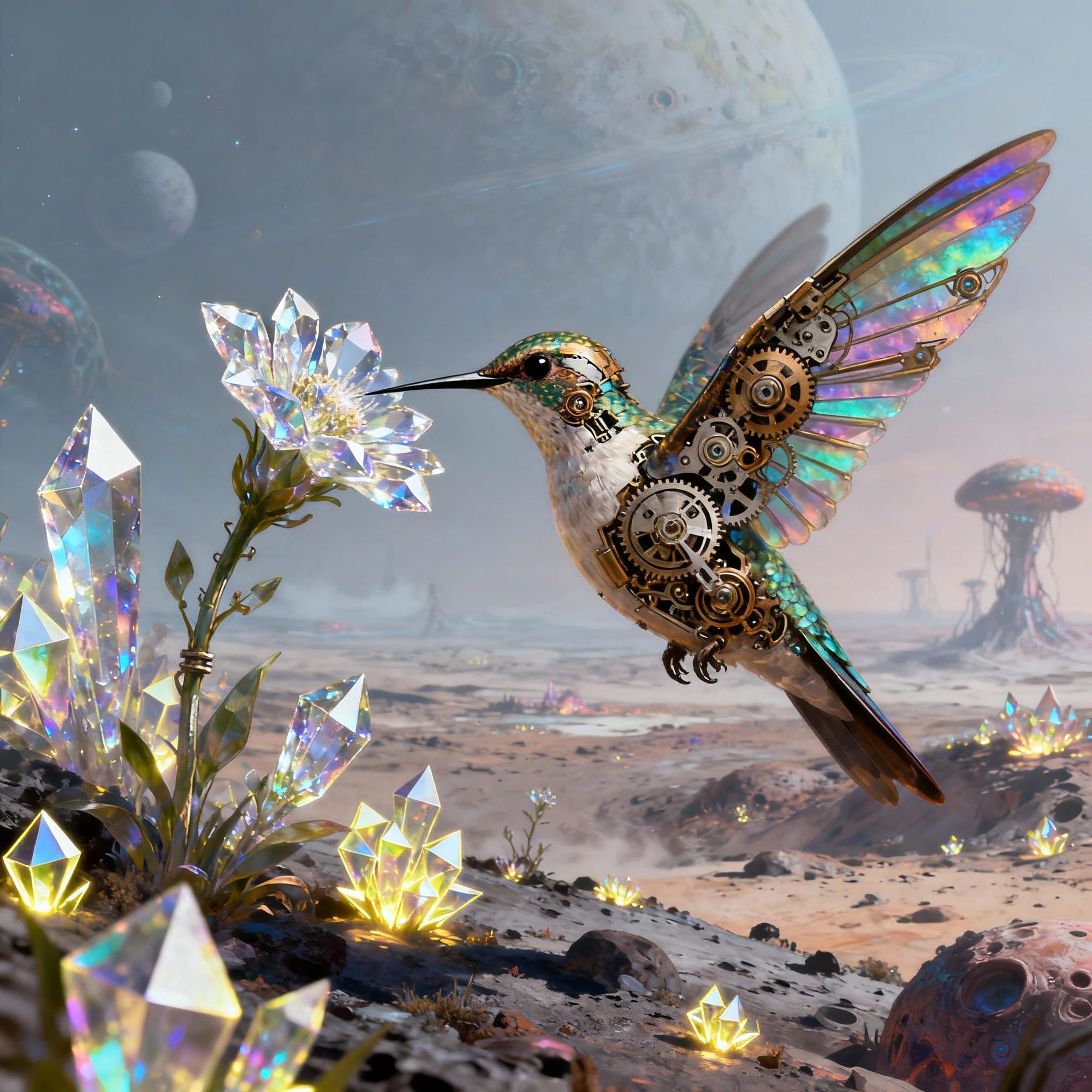 Digital painting. A lone hummingbird with iridescent, clockwork wings sips nectar from a crystalline flower on a desolate, alien planet. Med...