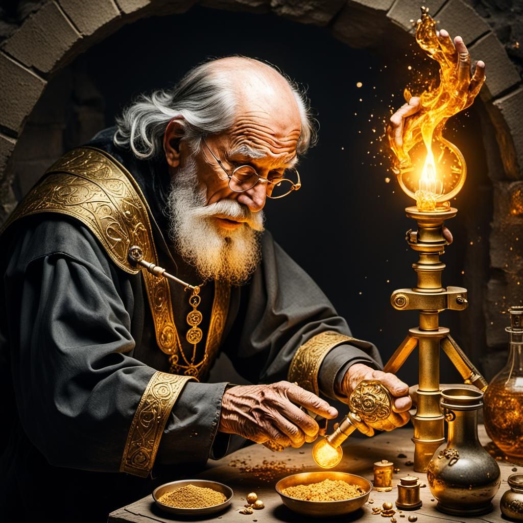 Symbolism of alchemy, old man (Middle Ages:1.5) trying to create gold out of nothing, or to develop advanced ...  by @New22Twins
