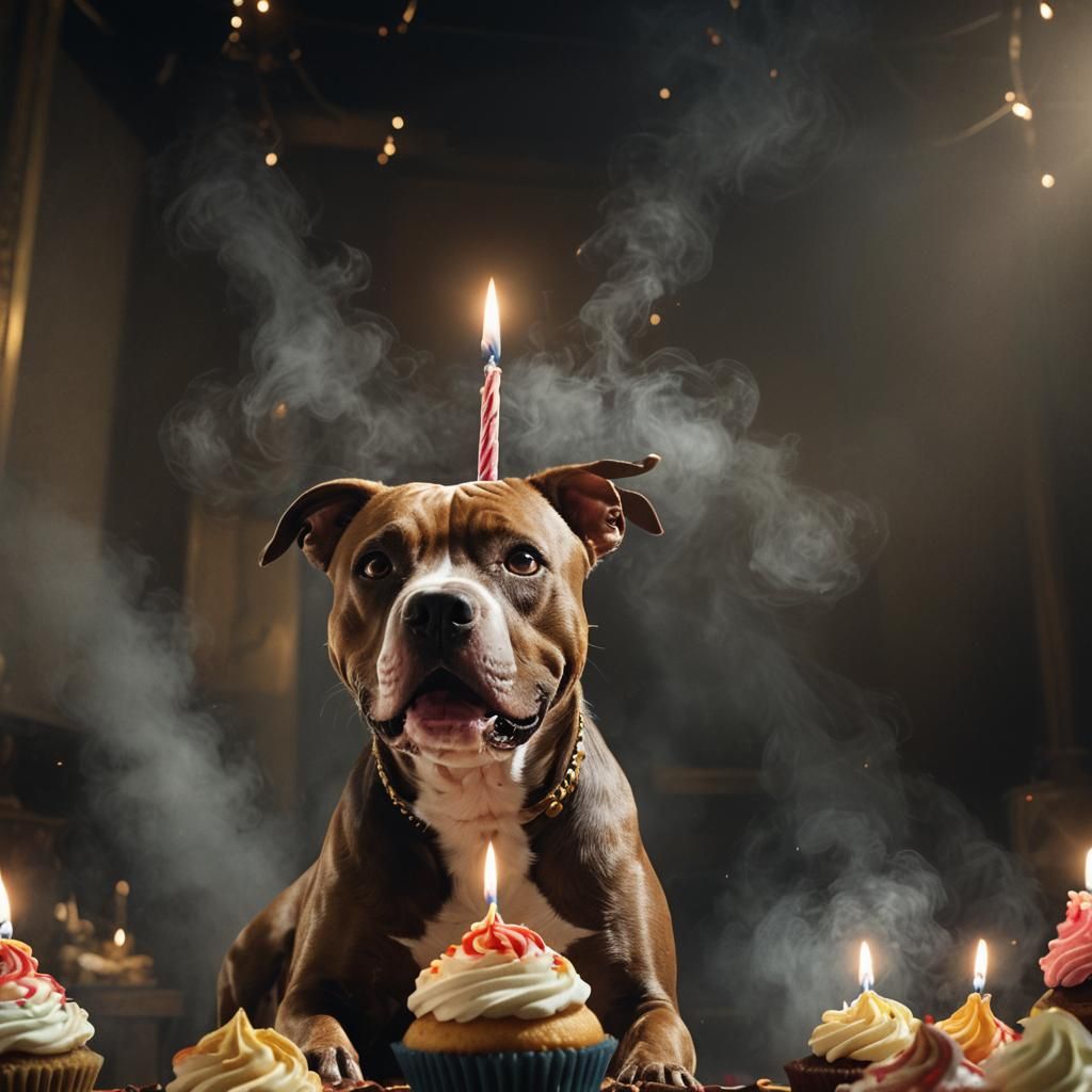 Pitbull Blowing out candles on a birthday cupcake