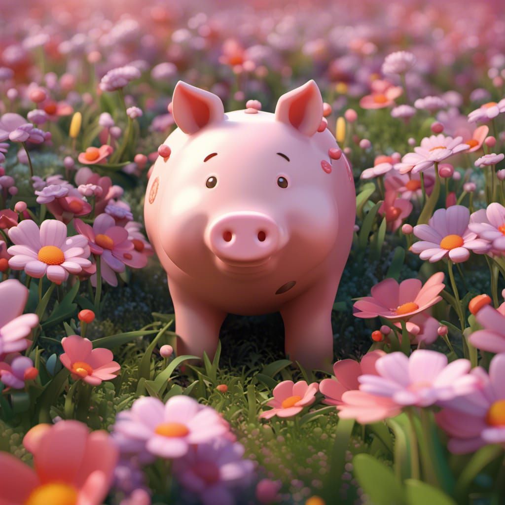 a close up of a toy pig in a field of flowers, cute 3 d rend...