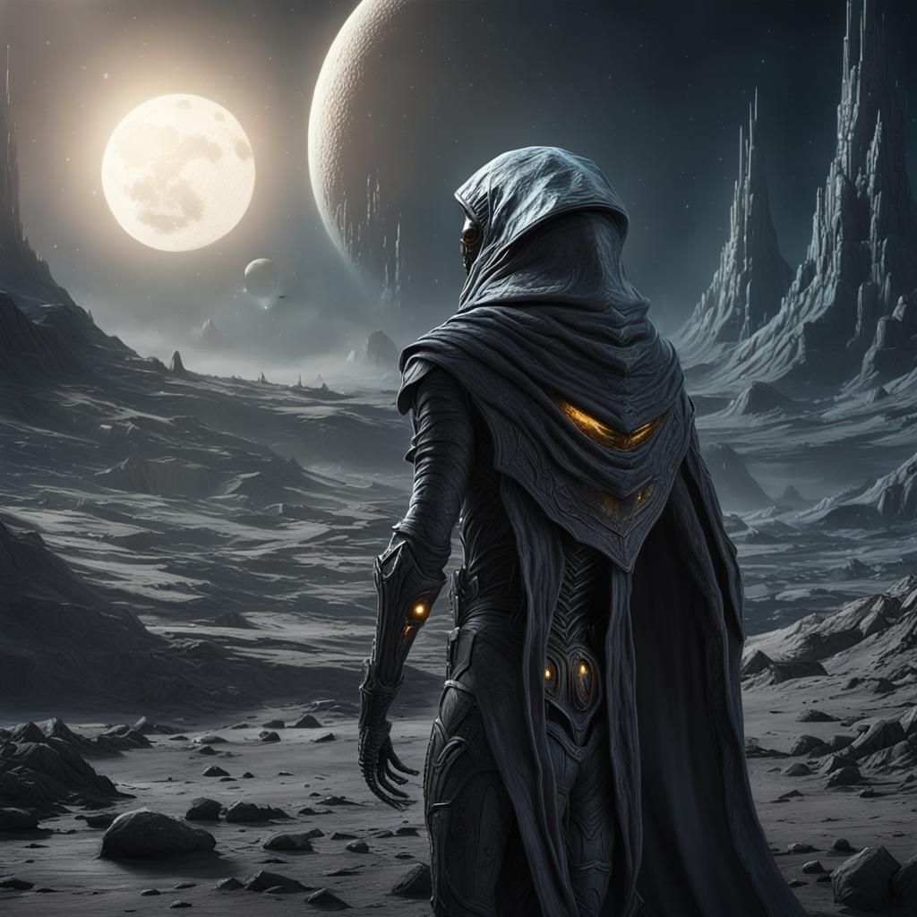 Dark synth,hooded gray alien on the moon,
. mysterious detai...