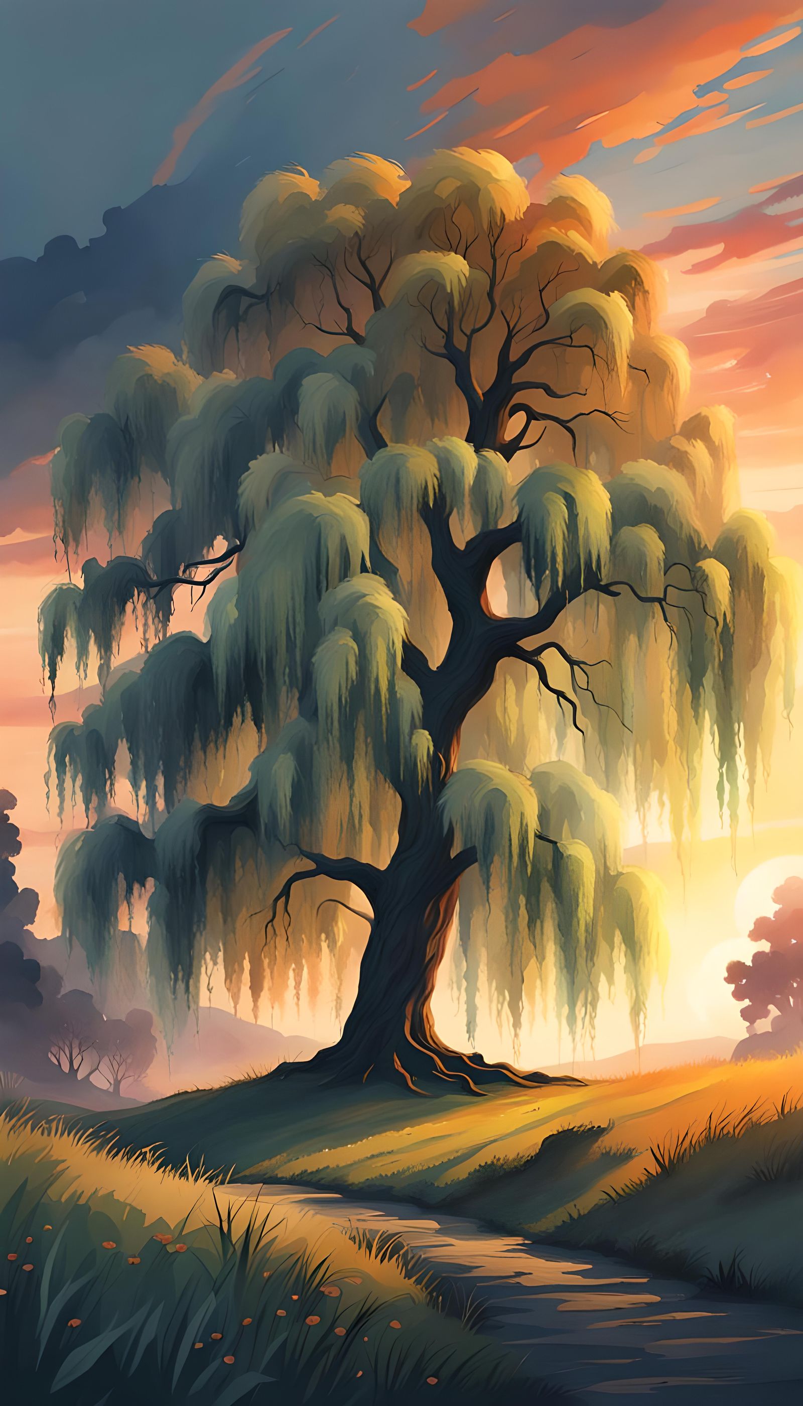 Weeping Willow Sunset: Watercolor Matte Painting